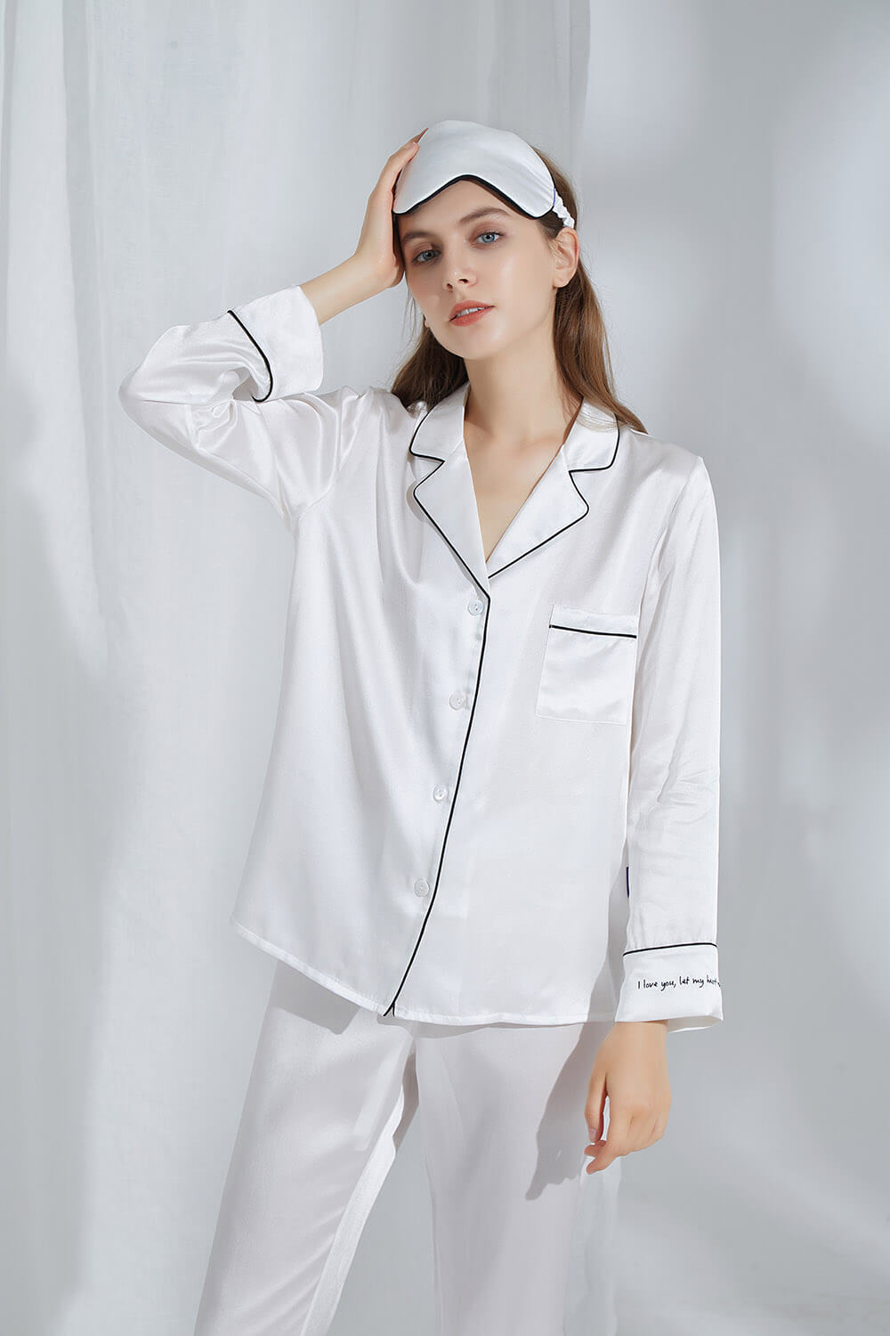White pajamas online with black piping