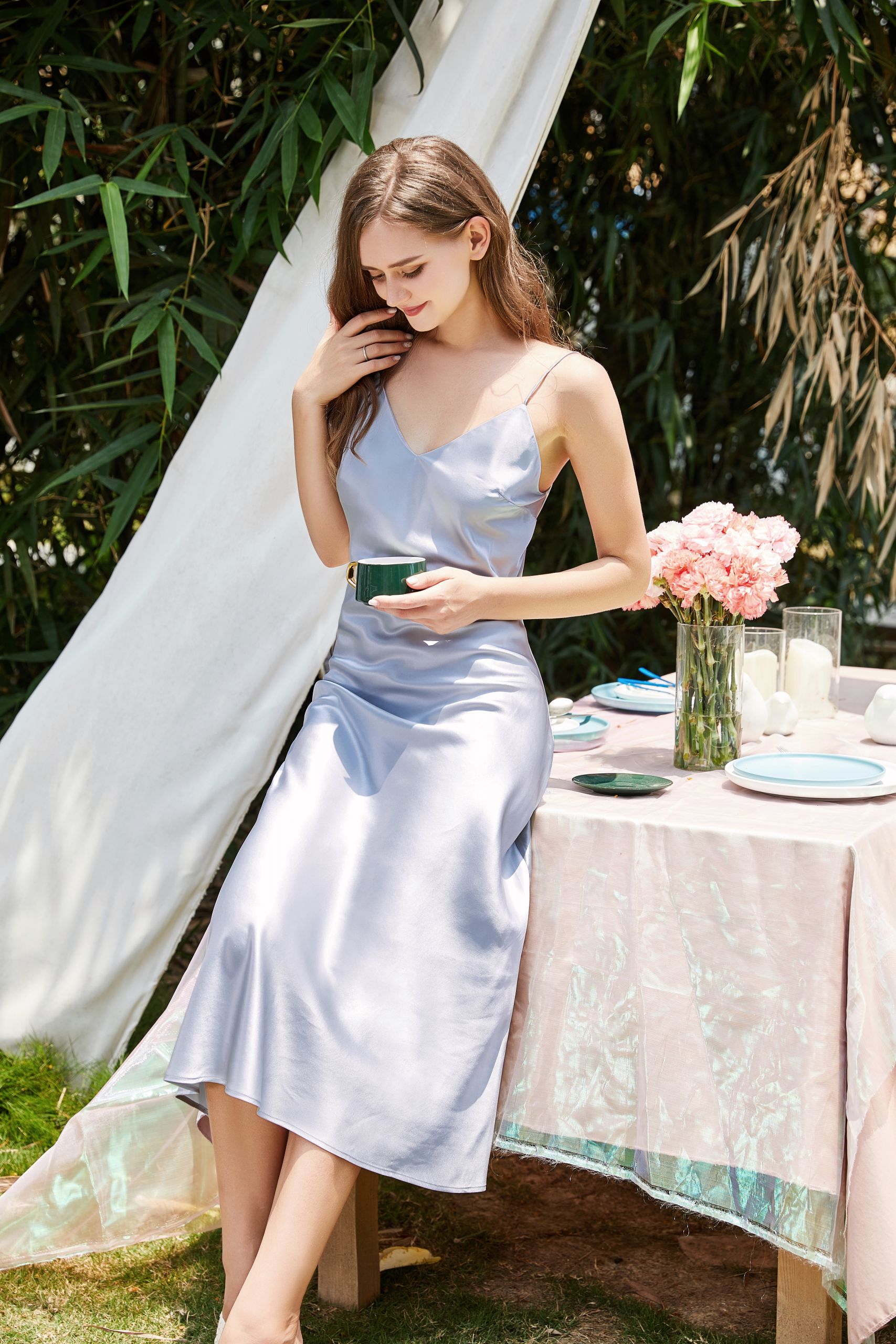 Silver Grey Elegant Silk Slip Dress, Australia